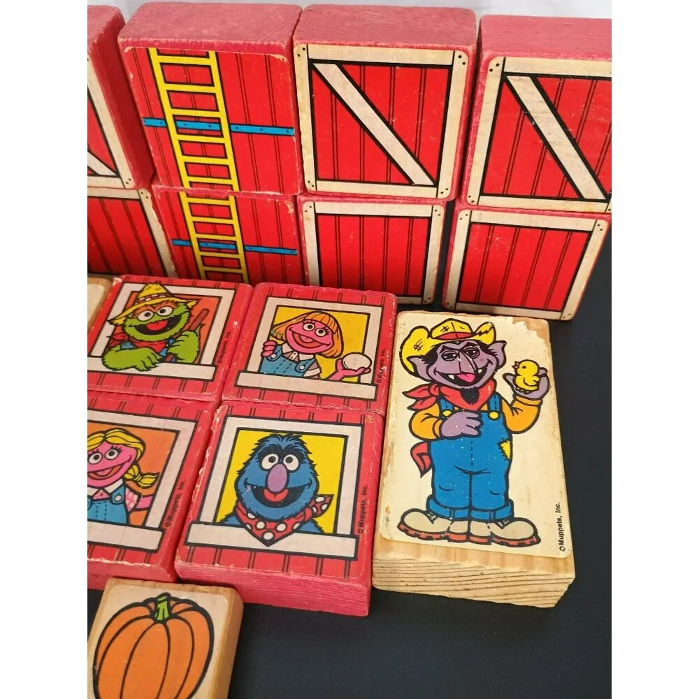 Vintage 1980s Sesame Street Wooden Blocks With Farm Characters & Barn Doors Educ